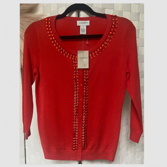 NWT Carmen Marc Valvo Rhinestone Red Orange Cardigan Size S - Picture 1 of 4